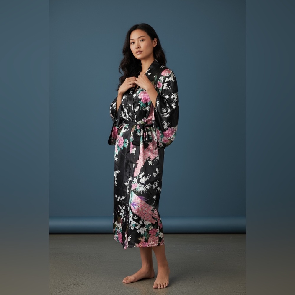 Japanese Long Kimono Robe Floral Satin Dressing Gown Retro Cherry Blossoms Pink - Picture 7 of 7